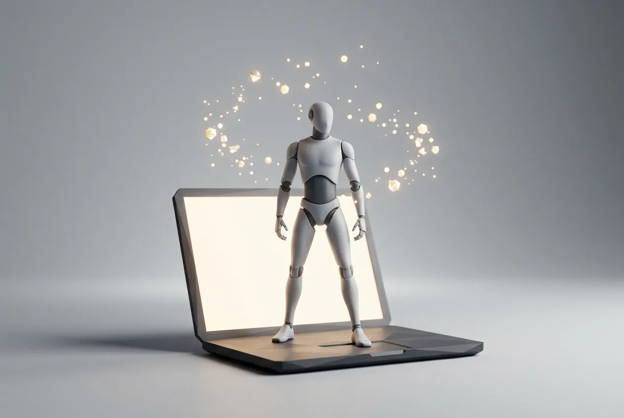 3D-рендер робота-ассистента, выходящего из экрана ноутбука — символ ИИ-помощника для небольшой строительной компании