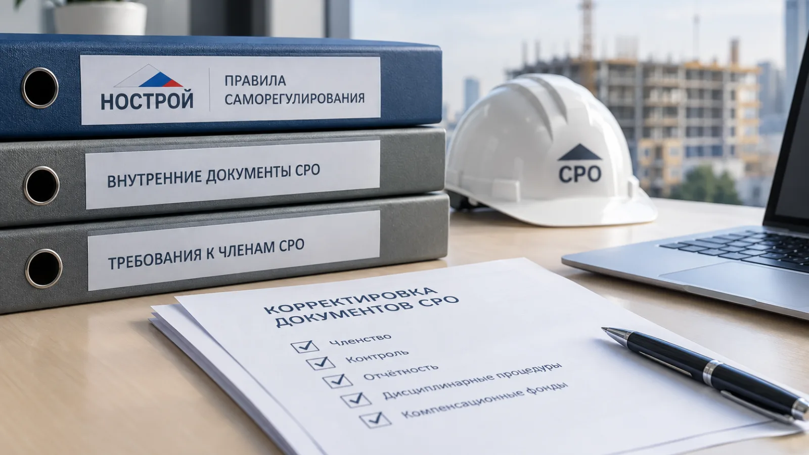 Папки с надписями «НОСТРОЙ. Правила саморегулирования», «Внутренние документы СРО» и «Требования к членам СРО» на столе рядом со строительной каской и чек-листом «Корректировка документов СРО»