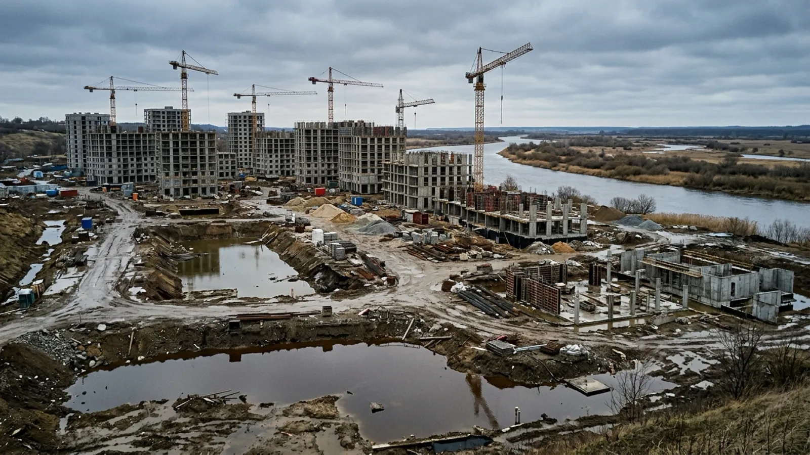 Строящийся жилой квартал в пойме реки: котлованы частично залиты водой, на площадке стоят башенные краны