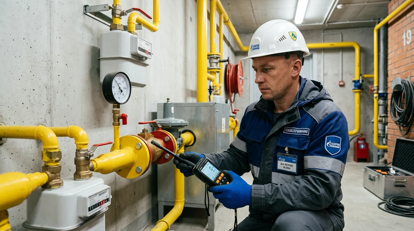 Специалист с газоанализатором проверяет внутридомовое газовое оборудование в техническом помещении многоквартирного дома